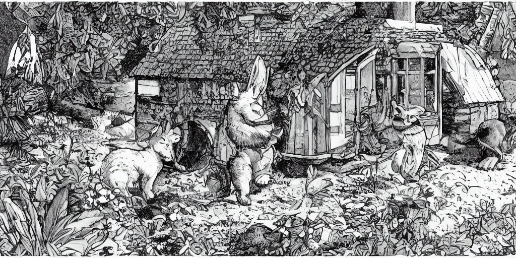 Image similar to antromorphic rabbit and cat dressed in cottagecore living in a cottage, the rabbit has a vegetable garden and the cat is fixing the roof, comic book art style, pictures in sequence, storyboarding, speech bubbles