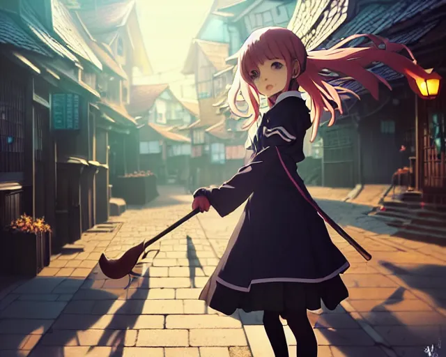 Image similar to key anime visual portrait of a young female witch walking through a busy fantasy village, ilya kuvshinov, dynamic pose, dynamic perspective, cinematic, dramatic lighting, muted colors, detailed silhouette, textured, anime proportions, kyoto animation, haibane renmei, niea under 7, yoh yoshinari