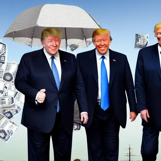 Image similar to boris johnson, vladimir putin and donald trump holding hands, raining dollars, oil field background, 4 k, dslr photo, realistic, accurate