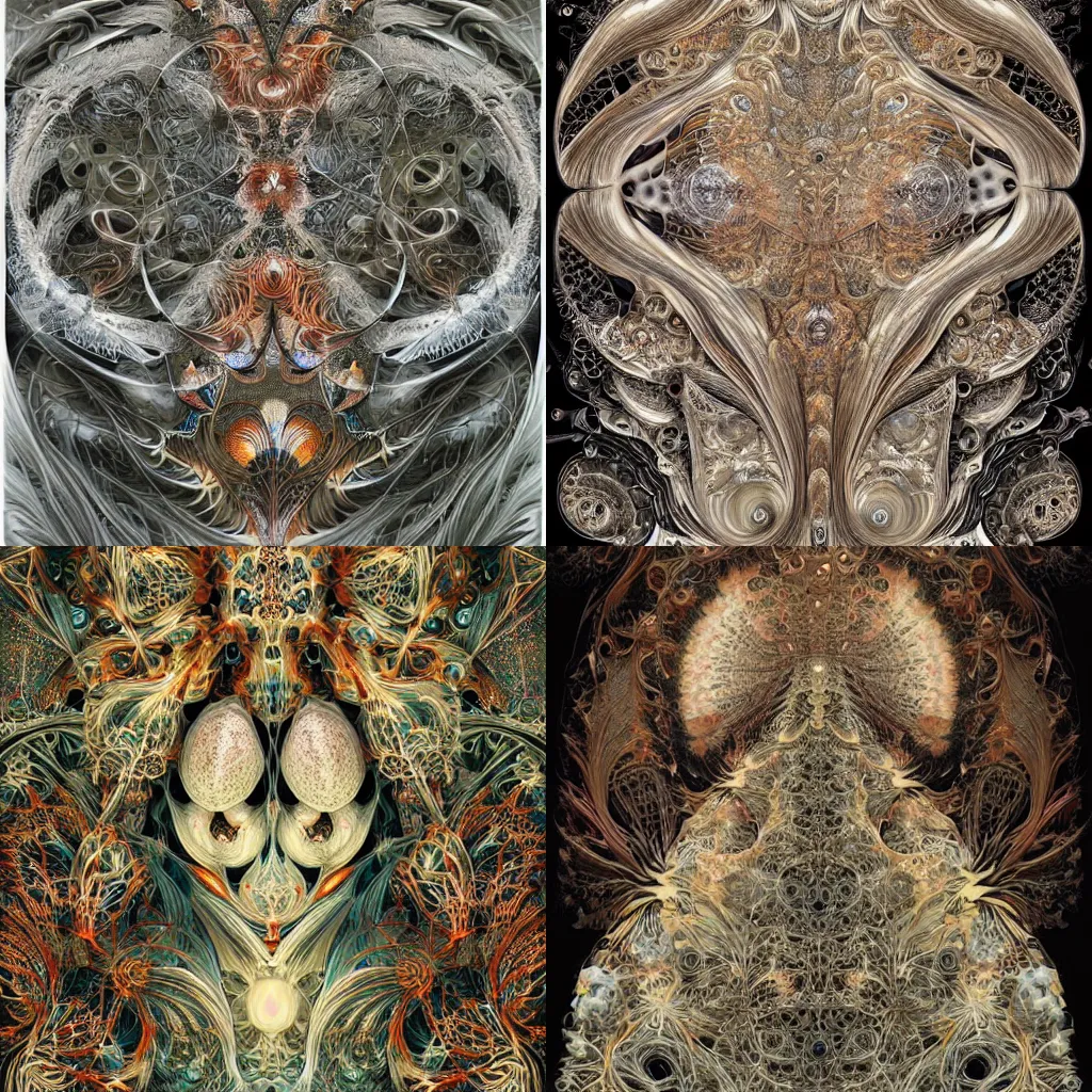 Prompt: fractal automaton by android jones, earnst haeckel, james jean. behance contest winner, generative art, baroque, intricate patterns