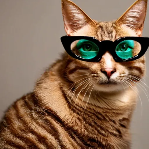 Prompt: Cat in vintage glasses reading book, 40nm lens, shallow depth of field, split lighting, 4k,