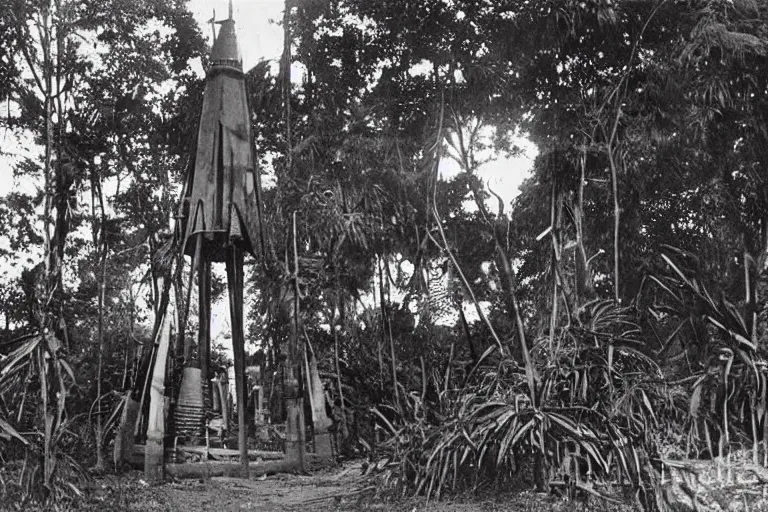 Image similar to a 1 9 0 5 colonial closeup photograph of a wooden moon rocket in a village at the river bank of congo, thick jungle, scary, evil looking, wide angle shot