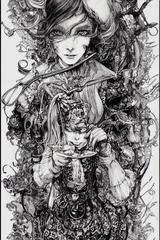 Image similar to Beautiful Alice in wonderland tarot card , pen and ink, intricate line drawings, by Yoshitaka Amano, Ruan Jia, Kentaro Miura, Artgerm, watercolor