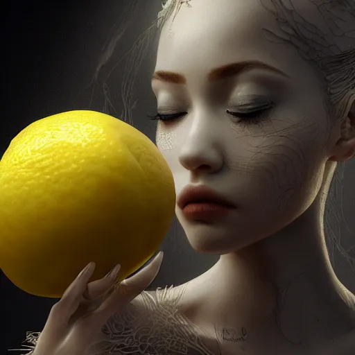 Image similar to the portrait of a lemon that resembles an absurdly beautiful, graceful, elegant, sophisticated, young gravure idol, an ultrafine hyperdetailed illustration by kim jung gi, irakli nadar, intricate linework, bright colors, octopath traveler, final fantasy, unreal engine 5 highly rendered, global illumination, radiant light, detailed and intricate environment