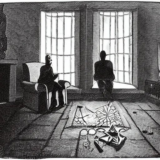 Image similar to interior night, a man is sitting on a couch next to a ouija board, looking vulnerable and lonely, surrounded by faceless invisible tender ghosts emerging from the hearth to reach for him