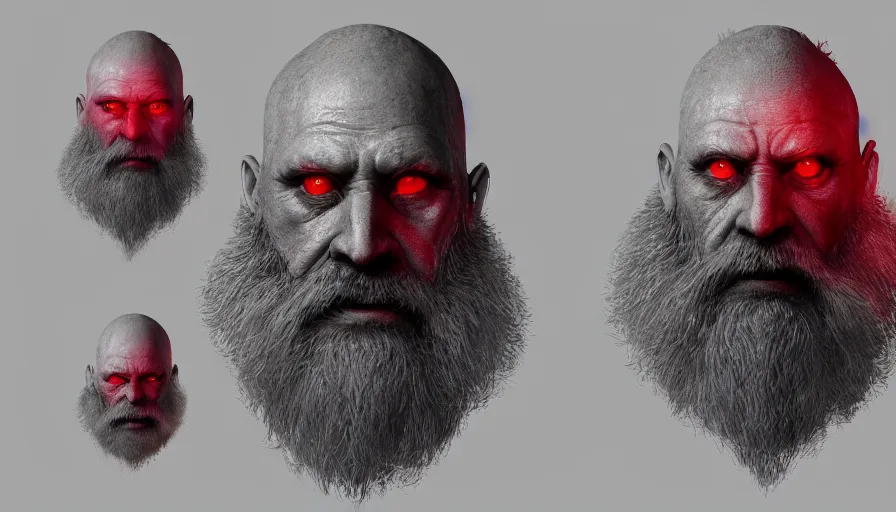 Image similar to a digital art portrait of an old pale warrior with glowing red eyes and grey beard character design from dark souls, old inquisition character sheet, 4 k, ultra detail, volumetric lighting, unreal engine, octane render