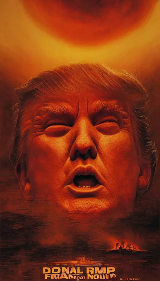 Prompt: donald trump's face close up on the apocalypse now poster, red sunset, snake river in the jungle, air brush, oil paint, radiant light, caustics, heroic, bright iridescent light, by gaston bussiere, bayard wu, greg rutkowski, maxim verehin