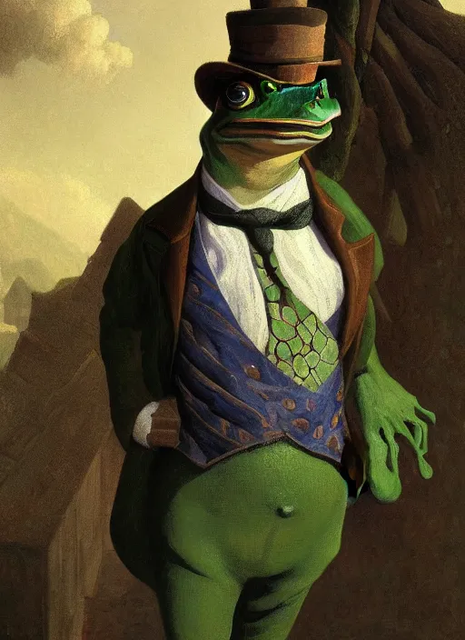 Prompt: frog gentleman in a costume portrait by Lajos Berán, Albert Bierstadt, Robert Henderson Blyth, Claude Bonin-Pissarro, Sandro Botticelli, unreal Engine Fantasy Illustration. award winning, Artstation, Hyperdetailed, 8k resolution