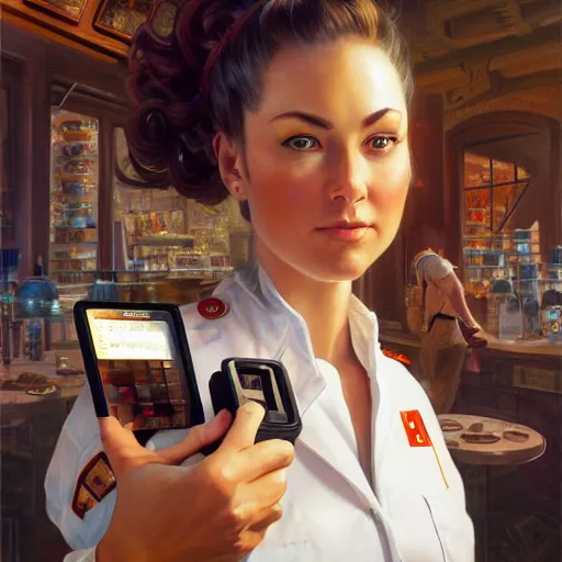 Image similar to epic portrait an muscular waitress wearing short sleeved uniform and carrying electronics, detailed, centered, digital painting, artstation, concept art, donato giancola, Joseph Christian Leyendecker, WLOP, Boris Vallejo, Breathtaking, 8k resolution, extremely detailed, beautiful, establishing shot, artistic, hyperrealistic, beautiful face, octane render