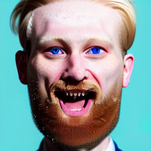 Prompt: A portrait of a british man, teacher, with short blond hair and a short blond beard, blue eyes, pale skin, English heritage, digital art, cartoon, mid-shot, head shot, 8k