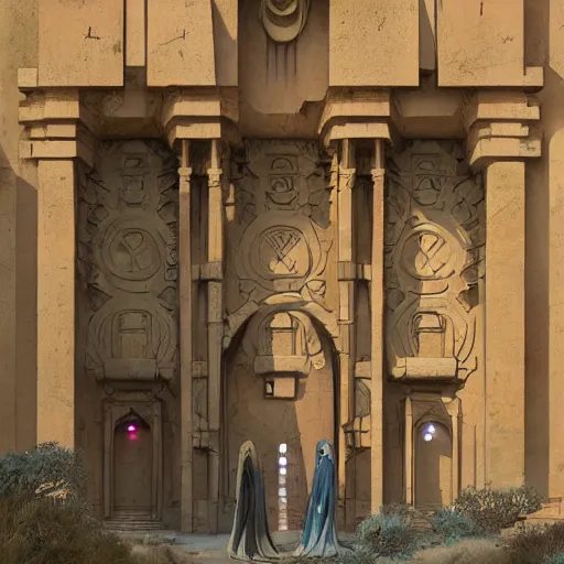 Prompt: art nouveau gate leading into rock-cut cyberpunk temple with Nabatean geometric decorations, figures cloaked in robes standing outside, hardy desert bushes, science fiction concept art by greg rutkowski and wayne barlowe and alphonse mucha