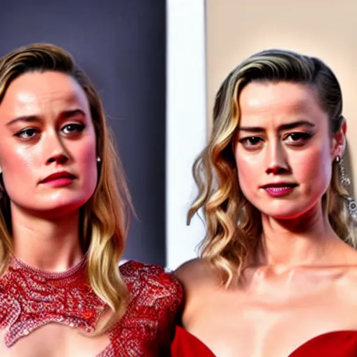 Prompt: brie larson and amber heard holding hands on the red carpet