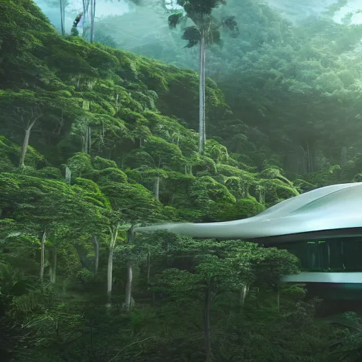 Image similar to extreme wide shot a futuristic containment building in a rainforest valley with a city in the distance, national geographic, hyper realistic, 4 k, harsh light, artstation