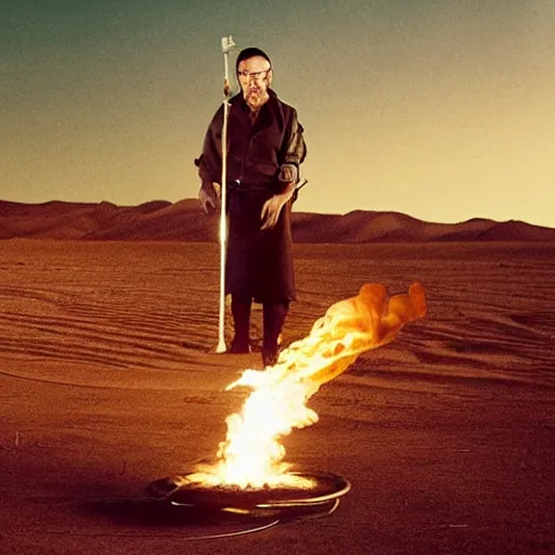 Image similar to a dramatic portrait of walter white making pizza with a blowtorch in the desert, in the style of Annie Leibovitz, Irving Penn, Hito Steyerl, Akira Kurosawa, Shinya Tsukamoto