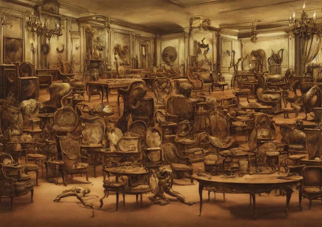 Prompt: a large room filled with antique furniture in the style of wayne barlowe, gustav moreau, goward, bussiere, roberto ferri, santiago caruso, luis ricardo falero, dali