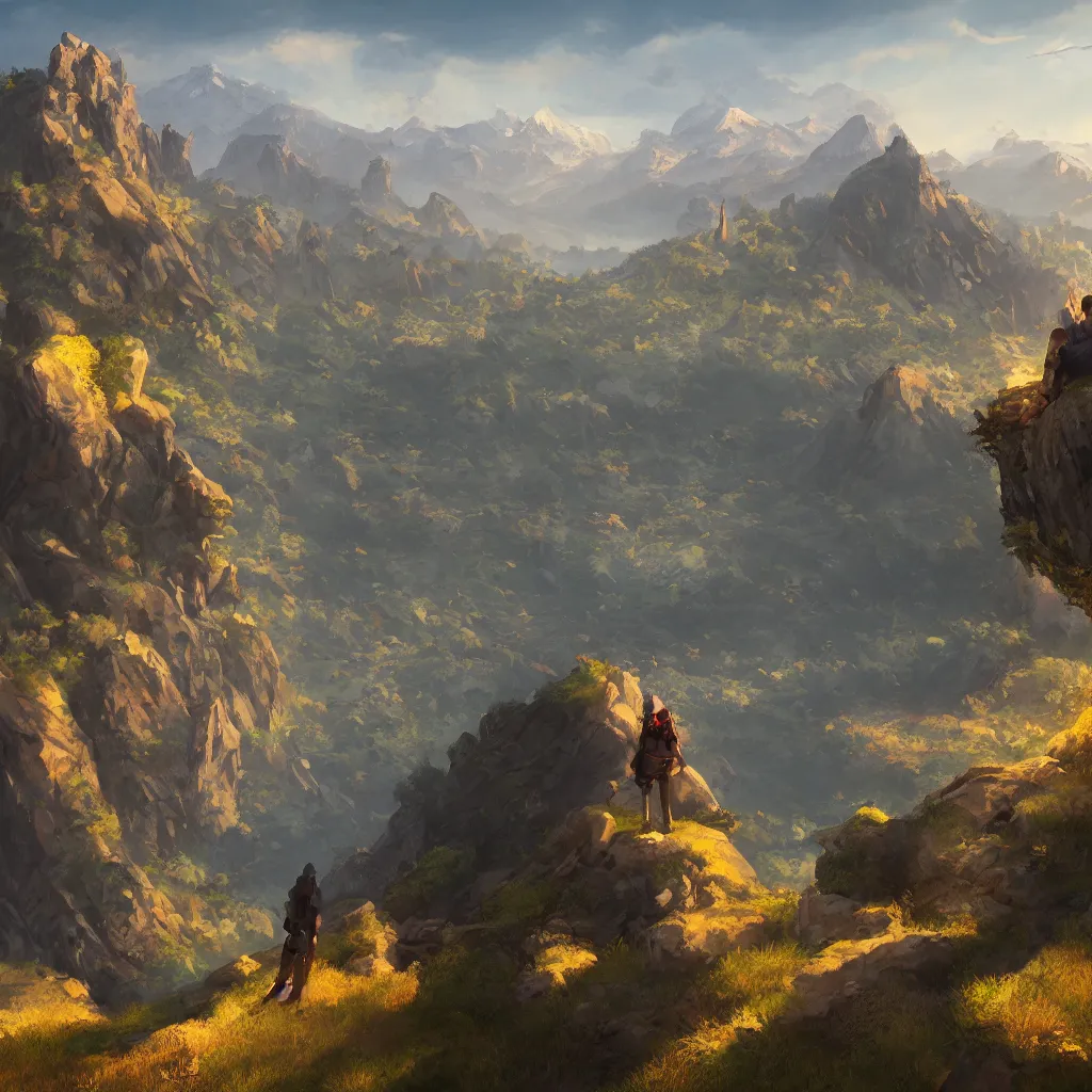 Prompt: a traveler on a mountain overlooking a castle in a valley, game art, digital painting, golden hour,