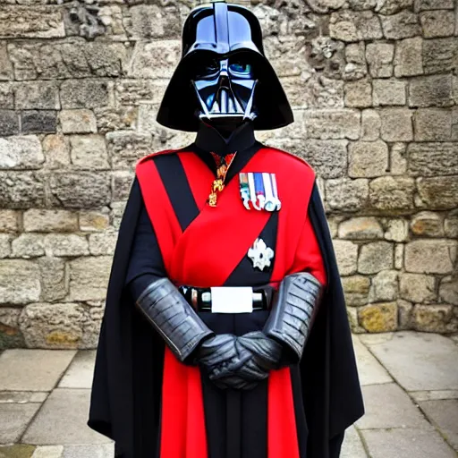 Prompt: The royal Darth Vadar of England on display among the crown jewels at the Tower of London