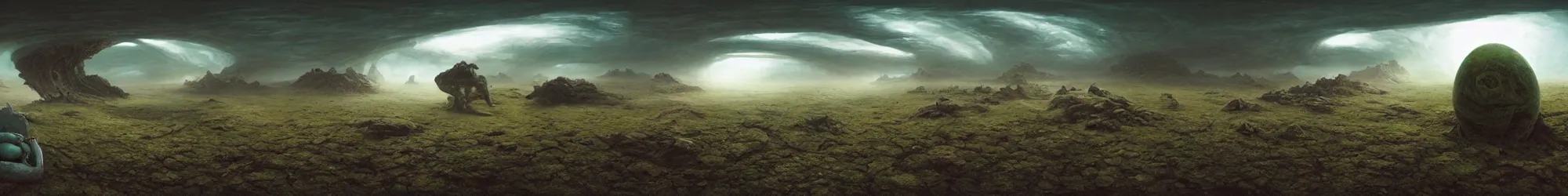 Image similar to 360 photo of alien creatures, Les Edwards, Zdzislaw Beksinski, Carl Gustav Carus, John Harris, Michal Karcz, Zhang Kechun, Mikko Lagerstedt, Scott Listfield, Steven Outram, Jessica Rossier