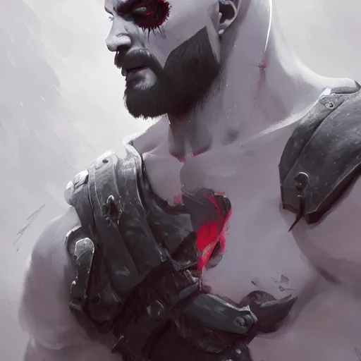 Image similar to kratos with white hair holding skull, by makoto shinkai, greg rutkowski, artstation, high detailed, cgsociety,