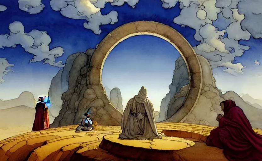 Image similar to a hyperrealist watercolour concept art of a large circular dimensional portal in the sky. a medieval monk in grey robes is kneeling in prayer below it on a desert road. by rebecca guay, michael kaluta, charles vess and jean moebius giraud. high detail, hq, wide shot