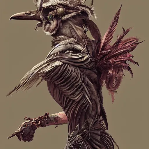 Prompt: a painting of a bird with intricate designs, cyberpunk art by marco mazzoni, featured on zbrush central, fantasy art, made of feathers, steampunk, rococo