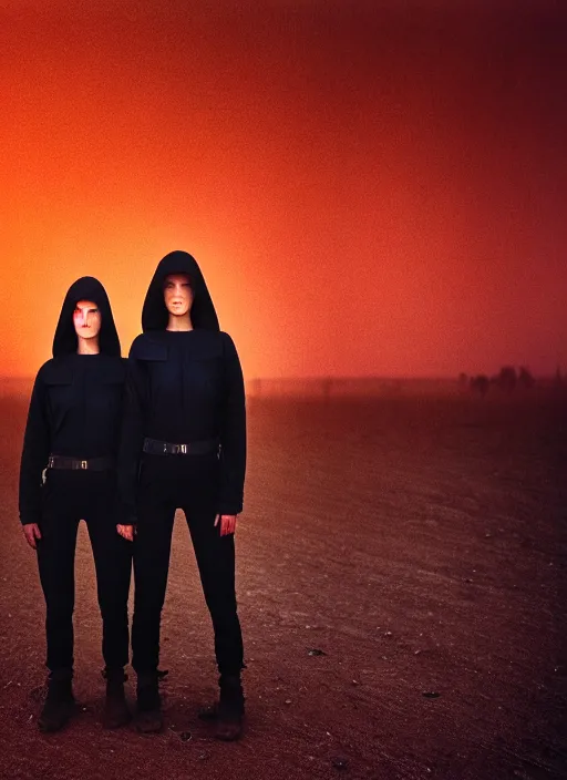 Image similar to cinestill 5 0 d photographic portrait by steve mccurry of two loving female androids wearing rugged black techwear on a desolate plain with a red sky in front of a brutalist structure, extreme closeup, cyberpunk style, dust storm, 8 k, hd, high resolution, 3 5 mm, f / 3 2, ultra realistic faces, ex machina