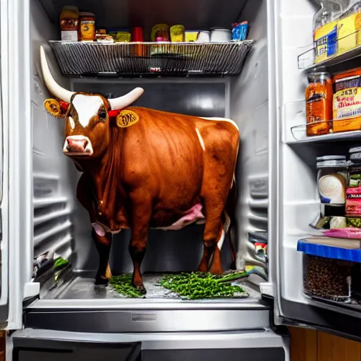 Prompt: photo of a kitchen with an entire cow in the fridge