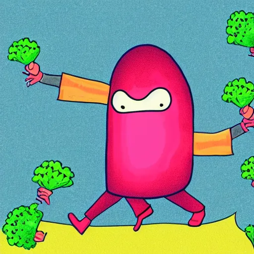 Image similar to a dancing broccoli, he is very happy, children illustration