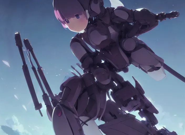 Prompt: homura akemi in mechanical exoskeleton resembling a su - 1 0 2, battlefield landscape, illustration concept art anime key visual trending pixiv fanbox by wlop and greg rutkowski and makoto shinkai and studio ghibli and kyoto animation, soldier clothing, grimdark, volumetric lighting