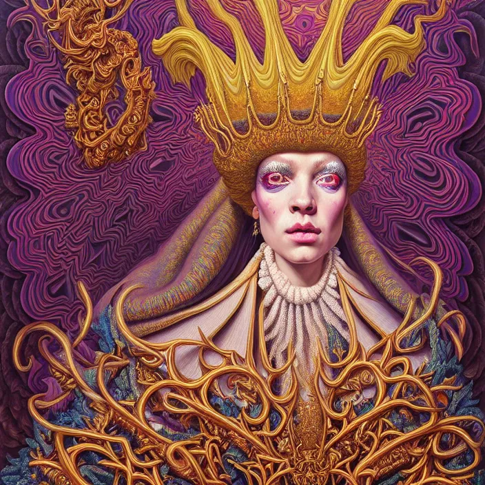 Image similar to beautiful oil painting, full length portrait of dauphinois in baroque coronation robes 1701, Dan Mumford, Dan Mumford, Alex grey, hyacinthe rigaurd, highly detailed , lsd visuals, dmt fractal patterns, hallucinogen, visionary art, psychedelic art, ornate, vaporwave, baroque, Greg rutkowski