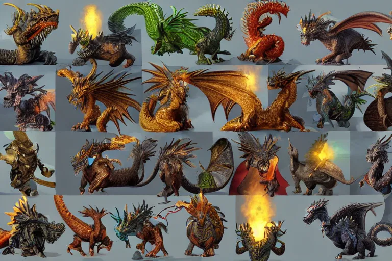 Prompt: highly detailed icons of many various fantasy dragons from fantasy games. Perfect lighting, ray tracing, realistic.