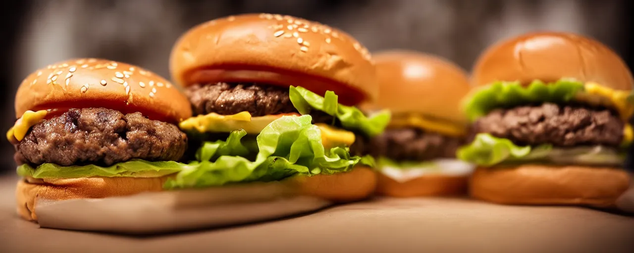 Prompt: juicy big mac burgers from a fast food restaurant, depth of field, food photography, isometric, tasty, burger, wide shot, studio, bokeh, gmaster, cooking, food, kodak, sony, canon