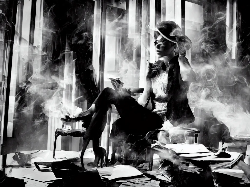 Prompt: fashionable french woman sitting in chair in noir detective office smoking, smoke turning into sparse highways breaking and crashing through an office window, sin city style
