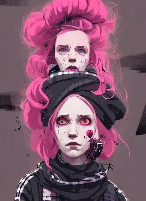 Image similar to highly detailed portrait of a sewer punk lady, tartan hoody, blonde ringlet hair by atey ghailan, by greg rutkowski, by greg tocchini, by james gilleard, by joe fenton, by kaethe butcher, gradient magenta, black, blonde cream and white color scheme, grunge aesthetic!!! ( ( graffiti tag wall background ) )