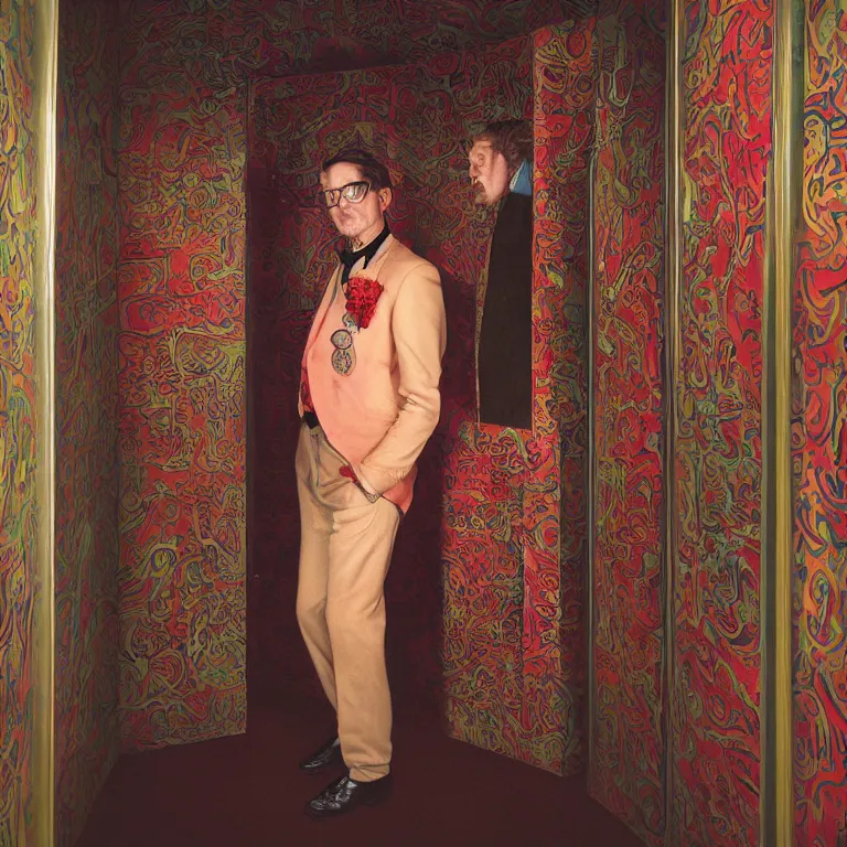 Image similar to vpgue octane render portrait by wayne barlow and carlo crivelli and glenn fabry, a sinister man in a bright colorful patterned pastel wes anderson elevator operator costume inside a dark and moody vintage elevator in a high - end exotic vintage boutique hotel, very short depth of field, bokeh