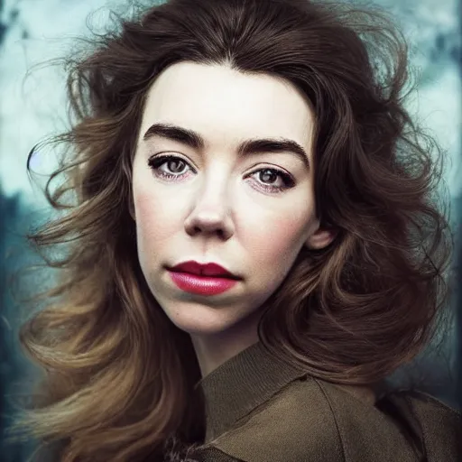 Image similar to stunning photo of vanessa kirby, dark - haired goddess, a beautiful closeup, she has tears running down her face, wet lips, perfect eyes, insanely detailed, elegant, by wlop, rutkowski, livia prima, mucha,