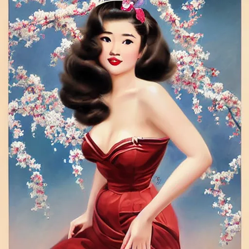 Image similar to pin - up fullbody portrait of a beautiful young asian woman, pretty long hair, intense flirting, showing curves, symmetrical face, digital art, smooth, extremely detailed, model pose, intense look, dream, cherry blossoms, gorgeous young model, traditional beauty, pretty, by wu bayard, by gil elvgren, by ralph horsley, by hanks steve