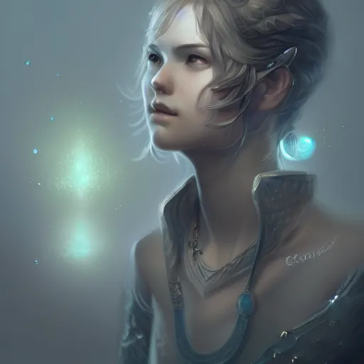 Prompt: beautiful extremely detailed intricate concept art depicting an archer by charlie bowater. shining jewelry. grey atmosphere. particles in the background. artstation