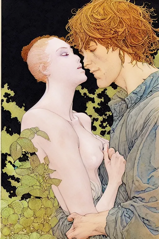 Prompt: a hyperrealist watercolour character concept art portrait of young lovers forgiveness. love. union. by rebecca guay, michael kaluta, charles vess and jean moebius giraud