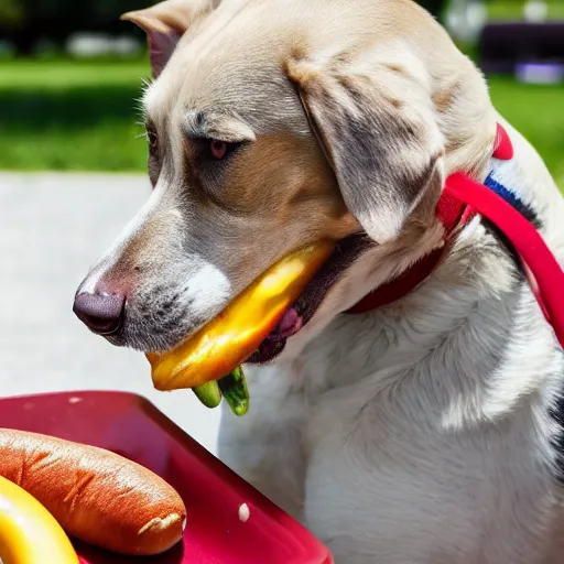 Prompt: a dog eating a hot dog, surreal