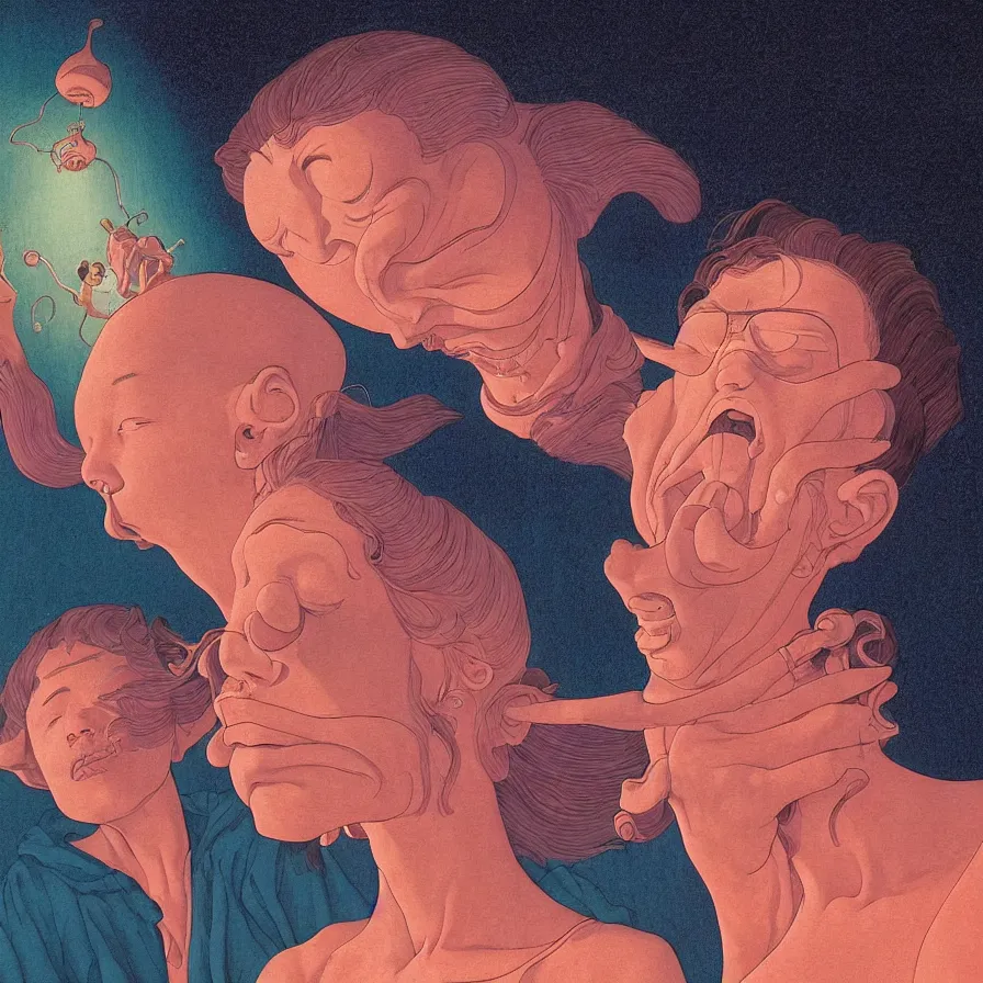 Image similar to close up portrait of a man and woman having fun with lsd and magic mushrooms by kawase hasui, moebius, Edward Hopper and James Gilleard, Zdzislaw Beksinski, Steven Outram, 8k, volumetric lighting, artstation