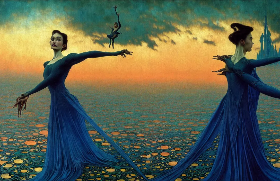 Image similar to realistic detailed portrait movie shot of a prima ballerina wearing a dark robes, sci fi city landscape background by denis villeneuve, amano, yves tanguy, alphonse mucha, ernst haeckel, max ernst, roger dean, masterpiece, rich moody colours, dog teeth, blue eyes, sunset