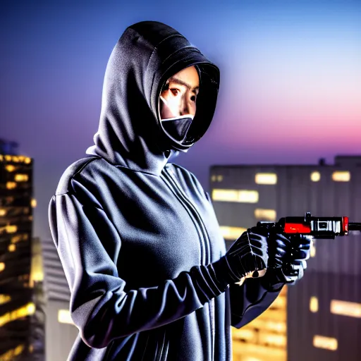 Image similar to photographic portrait of a techwear woman presenting a bullet, closeup, on the rooftop of a futuristic city at night, sigma 85mm f/1.4, 4k, depth of field, high resolution, full color, award winning photography