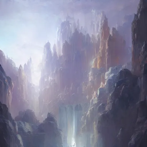 Image similar to concept art of absolutely gorgeous rendition of heaven and beautiful marble structure with many spirits and angels, artstation, glorious lighting, heavenly perfection. painterly strokes by dreadjim and greg rutkowski, james gurney, iridescent lighting and colors