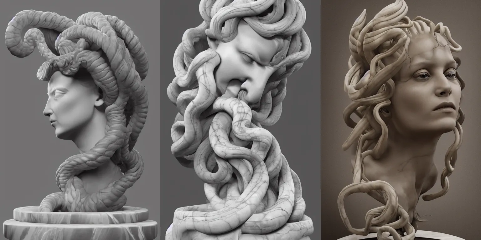 Prompt: a portrait of Medusa sculpting a figure in Marble stone, concept art, trending on artstation 3D, Octane Render