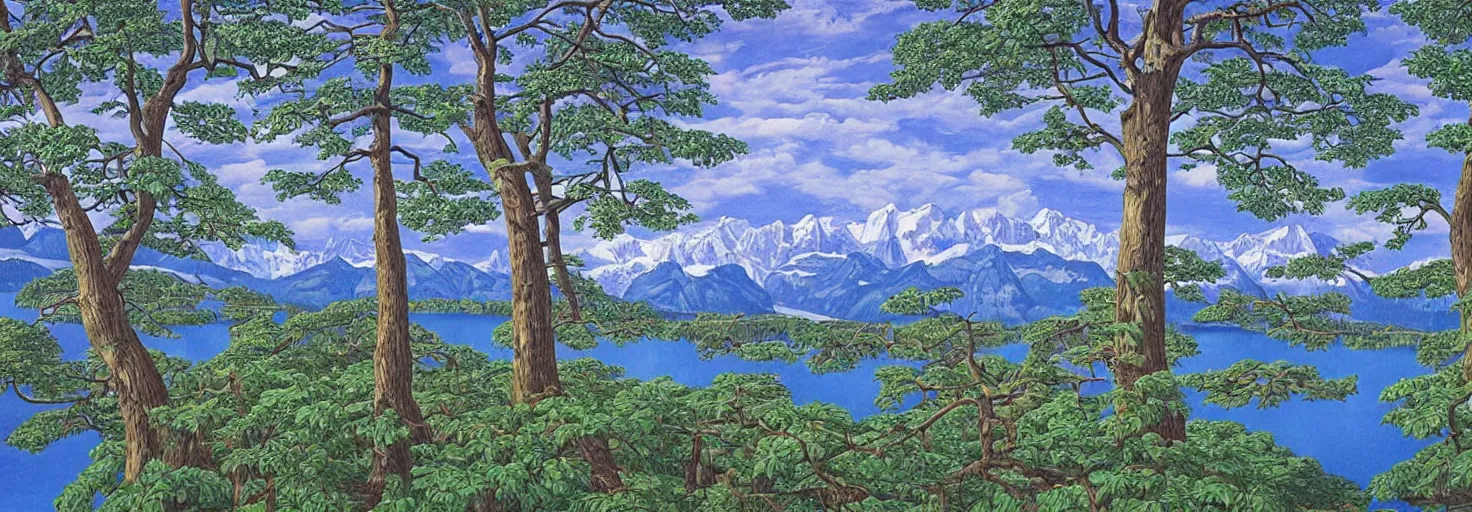 Image similar to escher painting of a lake, big trees reflecting on lake surface, mountains at background, snowy, ultra sharp, ultra detailed, colorized by salvador