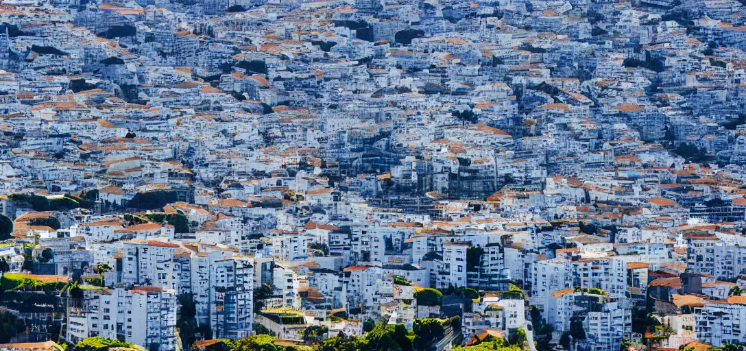 Prompt: landscape photo of almada, portugal, futuristic, far future, big towers, skyscrapers, photorealistic