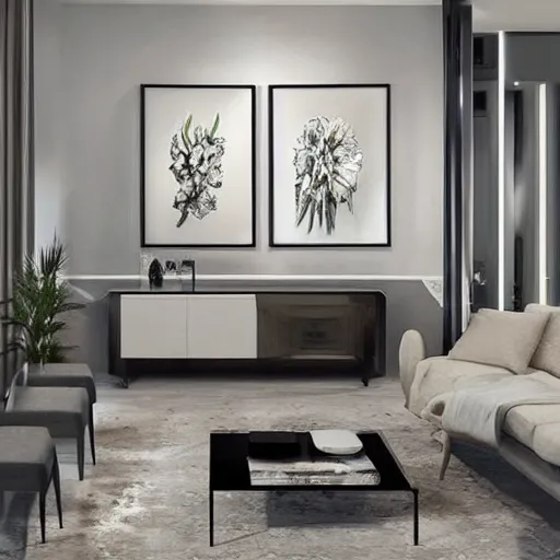 Image similar to mockup photo of luxury contemporary interior with large framed contemporary paintings, trending on pinterest