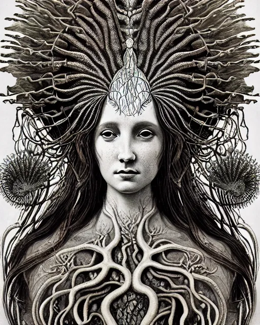 Prompt: realistic detailed underwater portrait of the beutiful young goddess of the fish of the three times with an intricate headdress of corals, sea kelp, sea plants, fish, jellyfish, art by ernst haeckel, zdzisław beksinski, gothic, neo - gothic, ornamental,