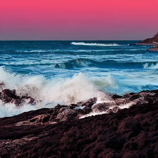 Image similar to waves crashing on a beach at night, moon, lava rock, small house